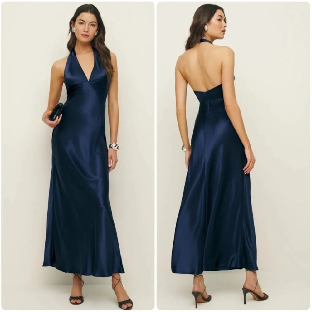 NWT Reformation Daniela Silk Dress Navy Blue Halter Neck Open Back Maxi Gown 0